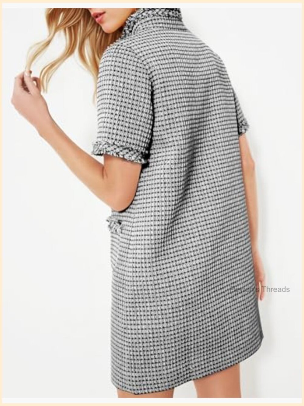 Tweed Shift Mini Dress Short Sleeve V-Neck Work Cocktail Party - Picture 2 of 7